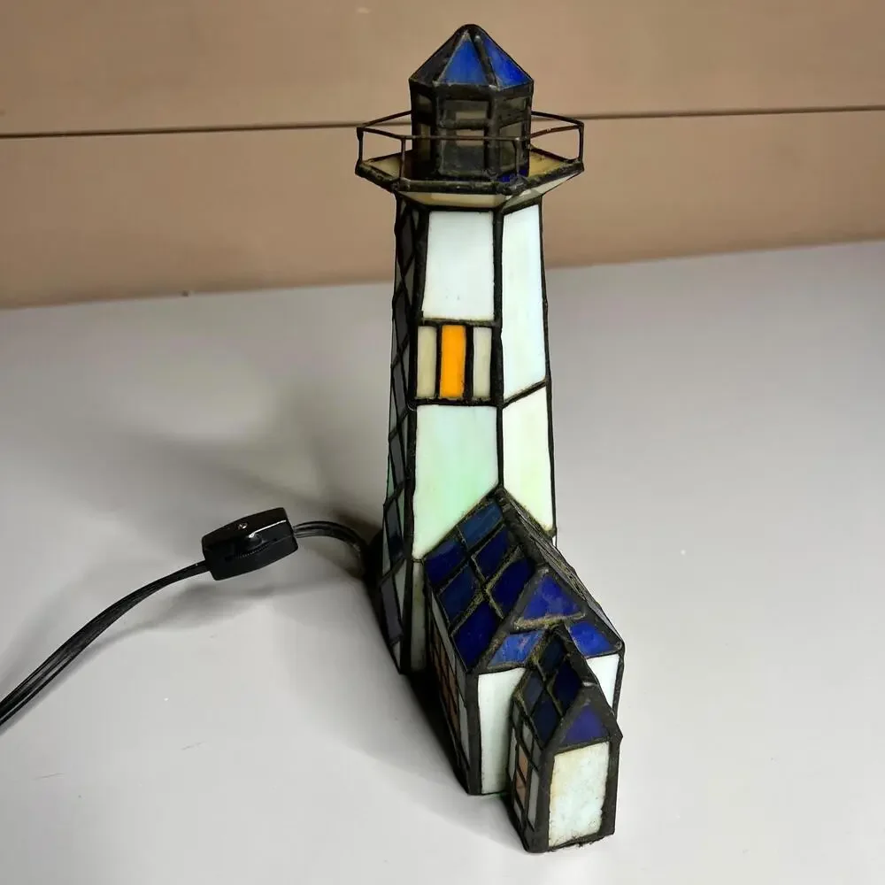 Vintage Stained Glass Lighthouse‎ Table Lamp Nautical Tiffany Style Night Light